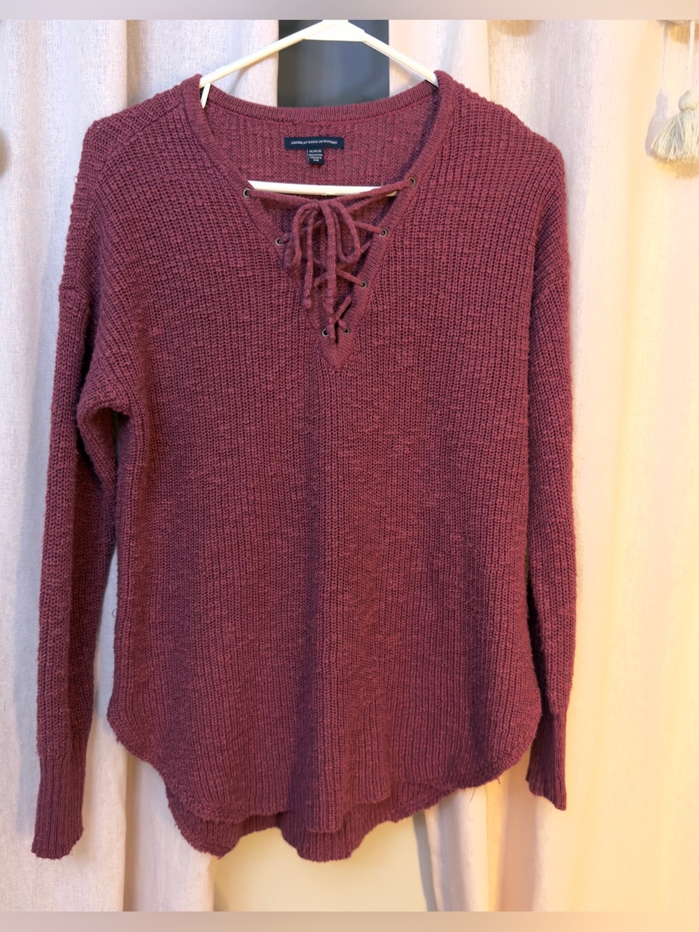 AE Maroon Marled Cotton Blend Lace Up V Neck Sweater - Worn Once - Tunic Boho